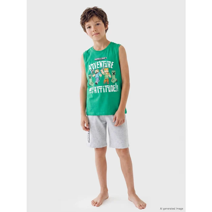LCW Kids Yeşil Minecraft Baskılı Erkek Çocuk Şortlu Pijama Takımı