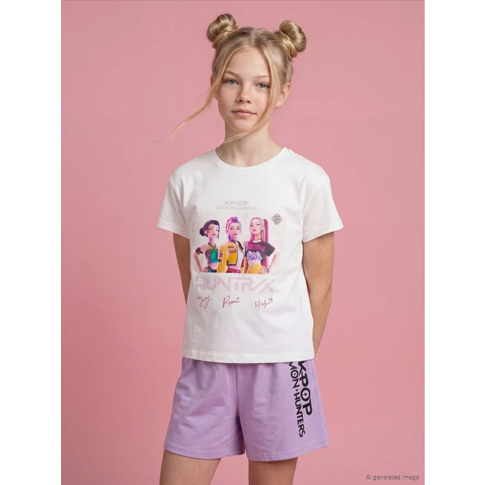 LCW Kids Ekru K-pop Demon Hunters Baskılı Kız Çocuk Tişört