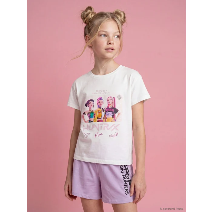 LCW Kids Ekru K-pop Demon Hunters Baskılı Kız Çocuk Tişört