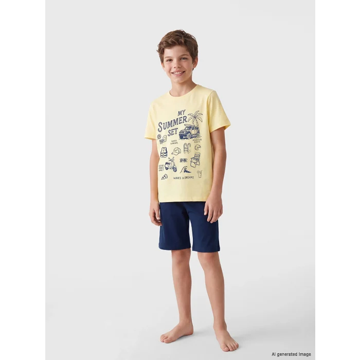 LCW Kids Sarı Baskılı Erkek Çocuk Şortlu Pijama Takımı