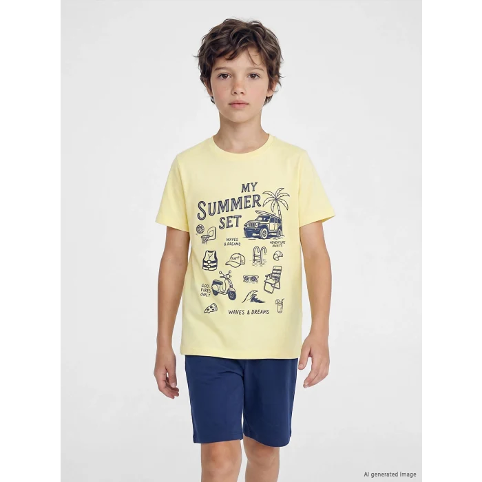 LCW Kids Sarı Baskılı Erkek Çocuk Şortlu Pijama Takımı