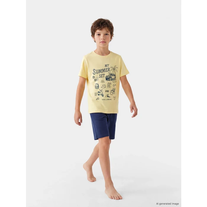 LCW Kids Sarı Baskılı Erkek Çocuk Şortlu Pijama Takımı