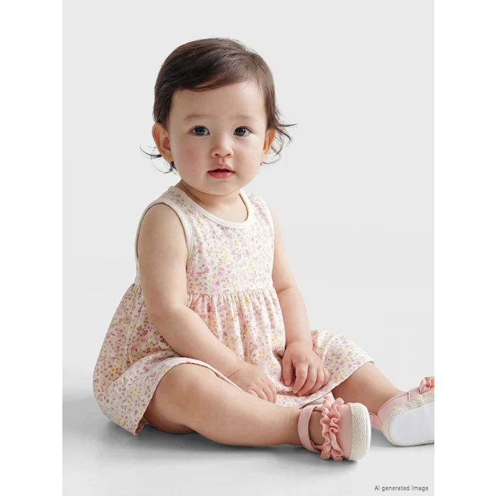 LCW baby Ekru Çiçek Desenli Kız Bebek Elbise