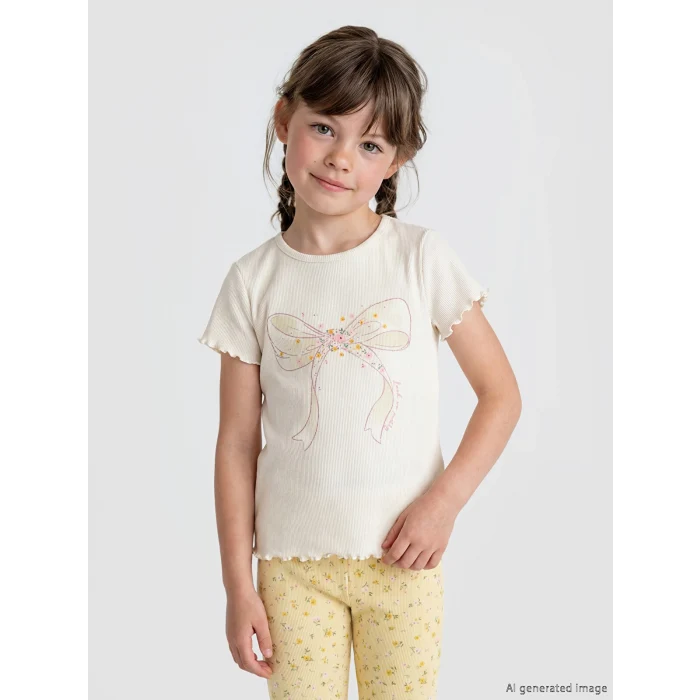 LCW Kids Ekru Bisiklet Yaka Baskılı Kız Çocuk 2li Tişört