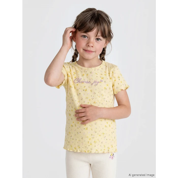 LCW Kids Ekru Bisiklet Yaka Baskılı Kız Çocuk 2li Tişört