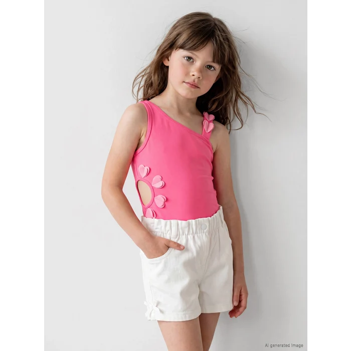 LCW Kids Pembe Kalp Aplikeli Fırfırlı Kız Çocuk Mayo