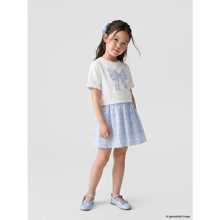 LCW Kids Beyaz Fiyonk Nakışlı Kız Çocuk Elbise