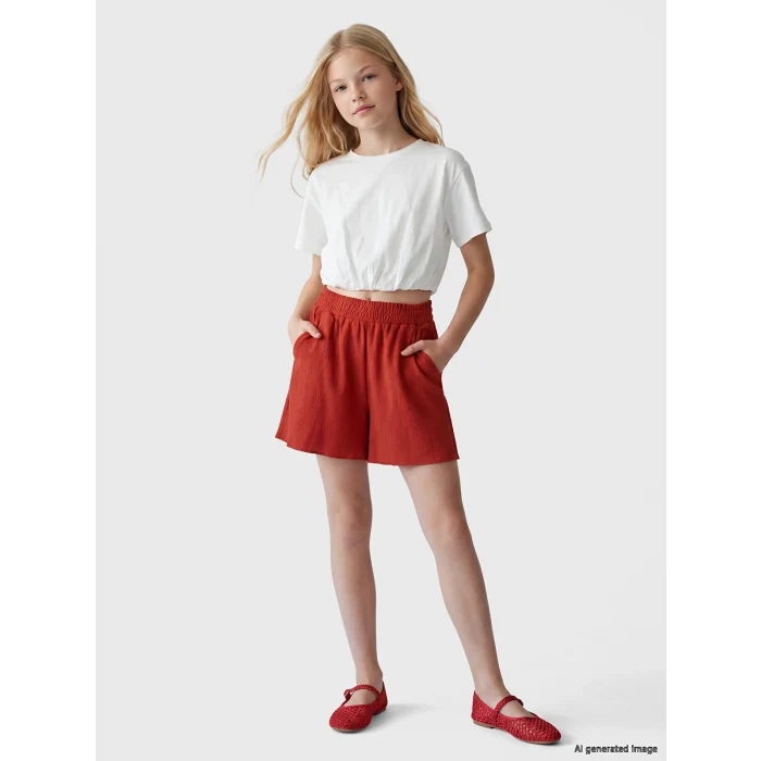 LCW Kids Kırmızı Kız Çocuk Beli Lastikli Dokulu Şort