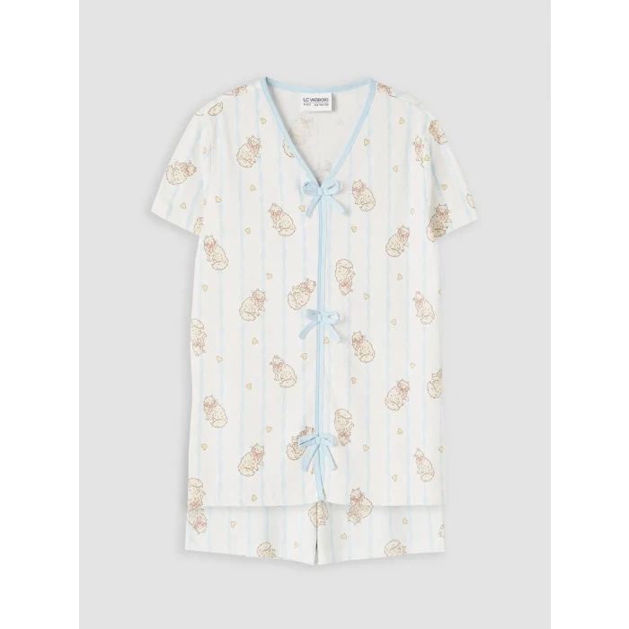 LCW Kids Ekru Fiyonk Detaylı Kız Çocuk Şortlu Pijama Takımı