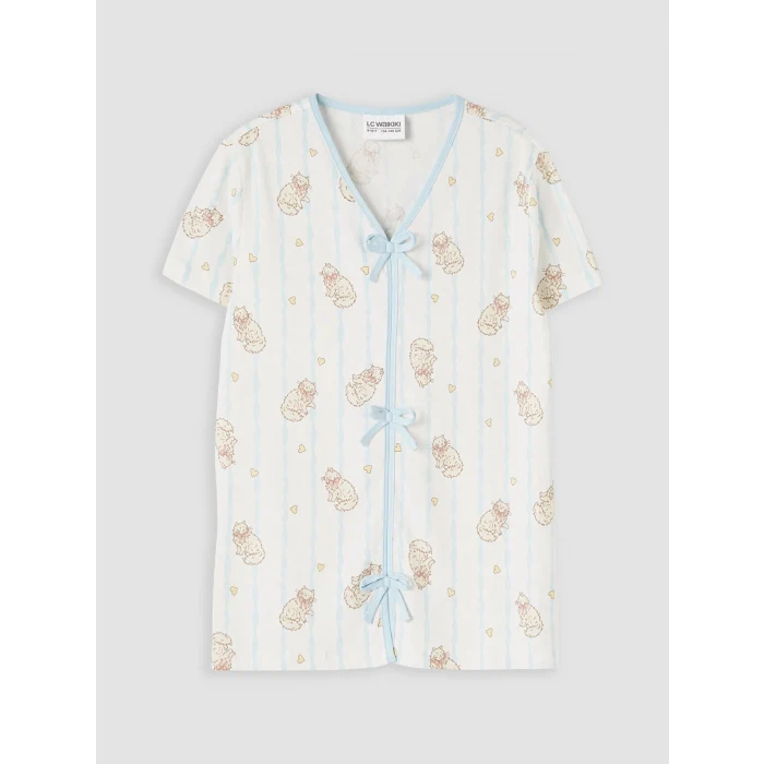 LCW Kids Ekru Fiyonk Detaylı Kız Çocuk Şortlu Pijama Takımı