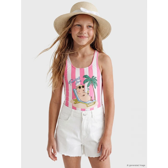 LCW Kids Pembe Baskılı Kız Çocuk Mayo