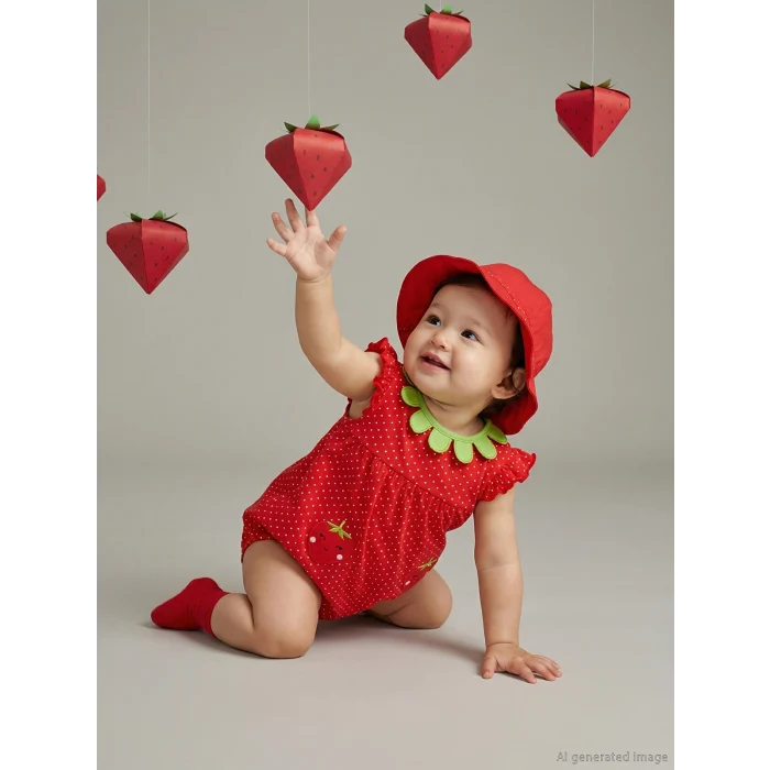 LCW baby Kırmızı Çilek Desenli Kız Bebek Tulum ve Şapka