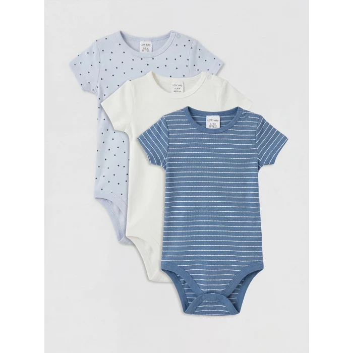 LCW baby Mavi Desenli Erkek Bebek Kısa Kollu Çıtçıtlı Body 3lü