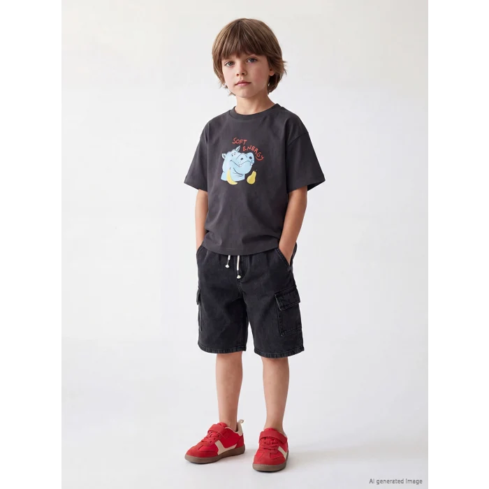 LCW Kids Gri Bisiklet Yaka Baskılı Erkek Çocuk Tişört