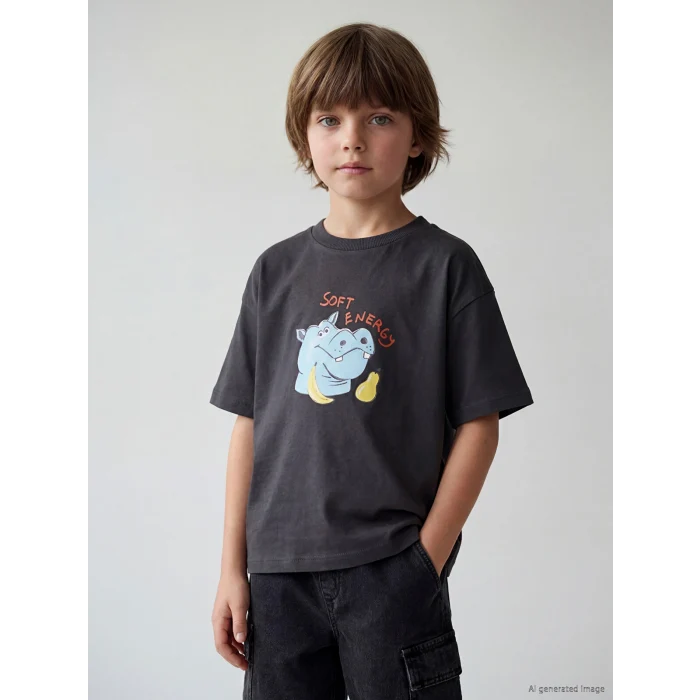 LCW Kids Gri Bisiklet Yaka Baskılı Erkek Çocuk Tişört