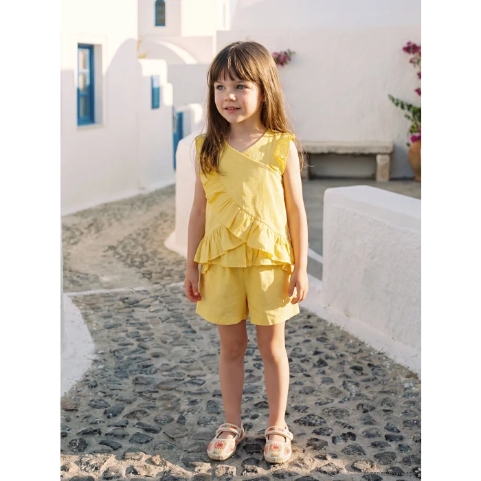 LCW Kids Sarı Keten Görünümlü Kız Çocuk Bluz ve Şort Takım