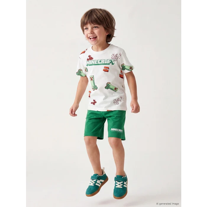 LCW Kids Ekru Minecraft Baskılı Erkek Çocuk Şortlu Pijama Takımı