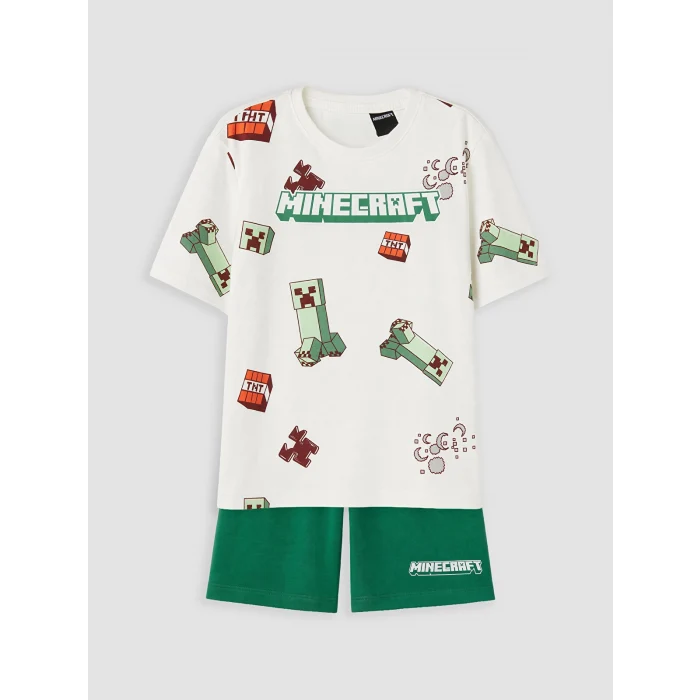 LCW Kids Ekru Minecraft Baskılı Erkek Çocuk Şortlu Pijama Takımı