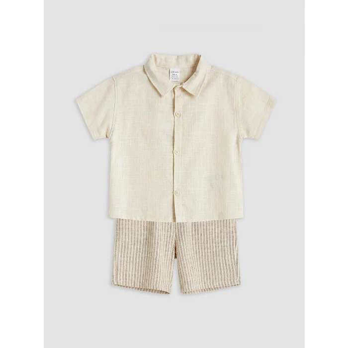 LCW baby Ekru Çizgili Erkek Bebek Gabardin Şortlu Takım