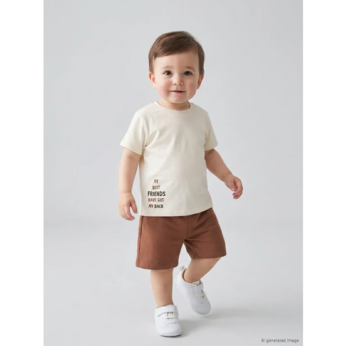 LCW baby Ekru Baskılı Erkek Bebek Şortlu Takım