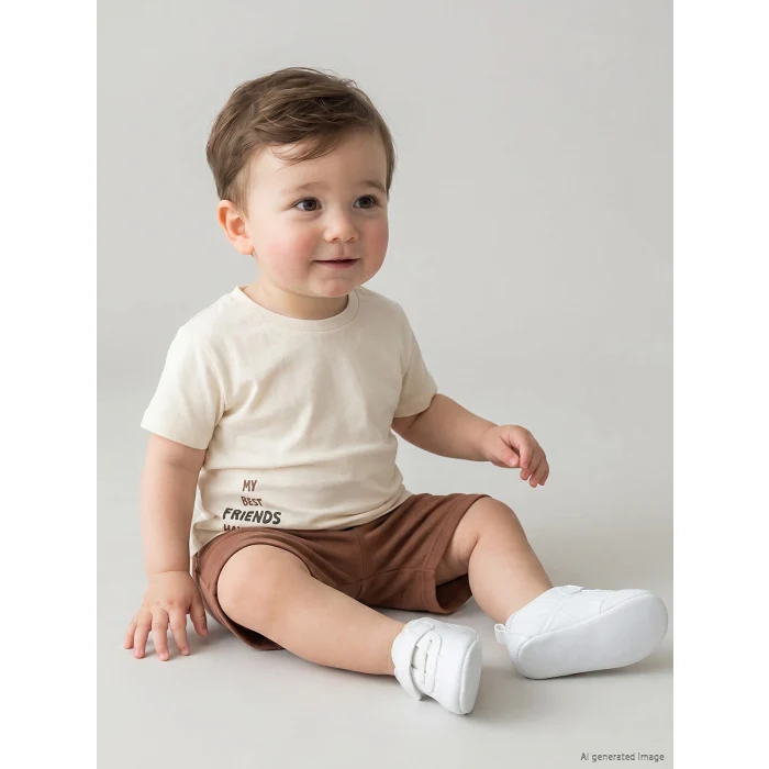 LCW baby Ekru Baskılı Erkek Bebek Şortlu Takım