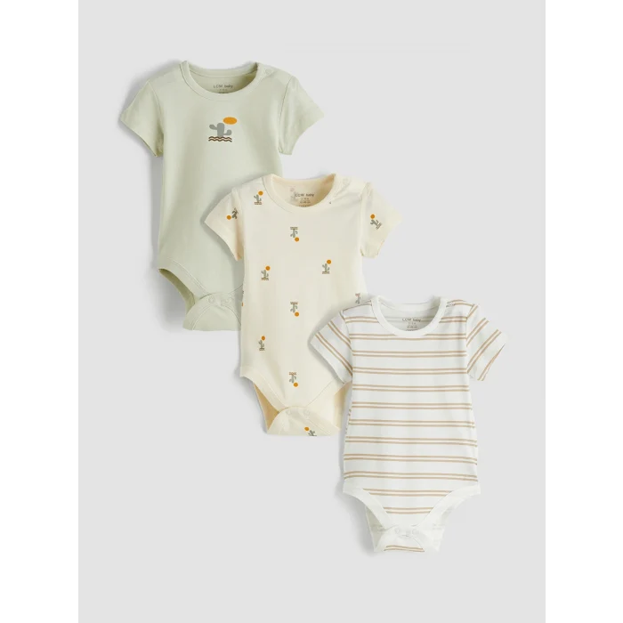 LCW baby Ekru Baskılı Erkek Bebek Çıtçıtlı Body 3lü