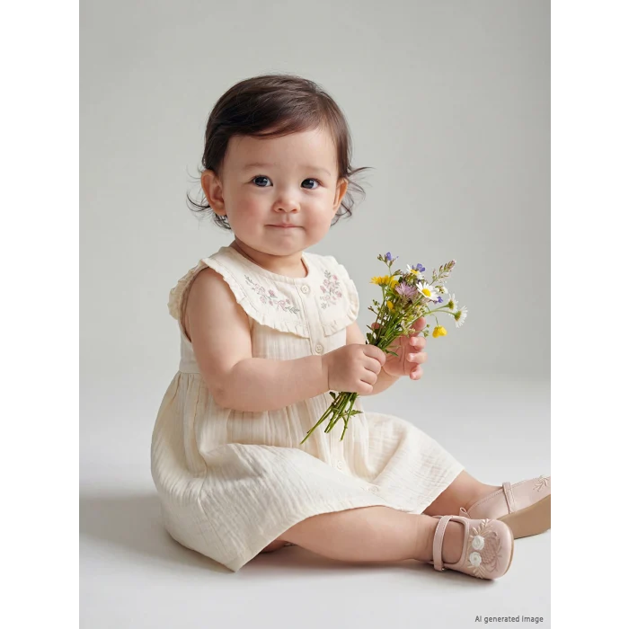 LCW baby Ekru Nakışlı Fırfırlı Kız Bebek Müslin Elbise