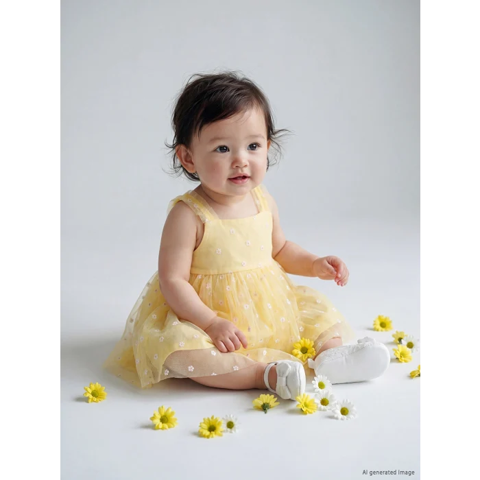 LCW baby Sarı Kare Yaka Çiçekli Kız Bebek Tütü Elbise