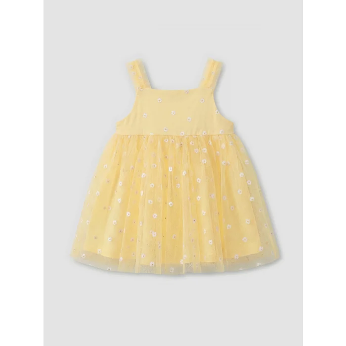 LCW baby Sarı Kare Yaka Çiçekli Kız Bebek Tütü Elbise