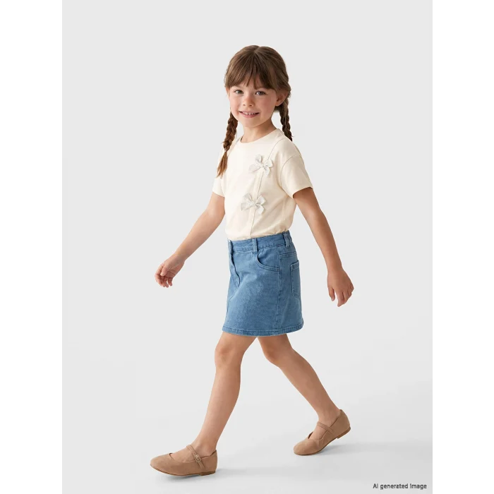 LCW Kids Ekru Fiyonk Detaylı Kız Çocuk Tişört