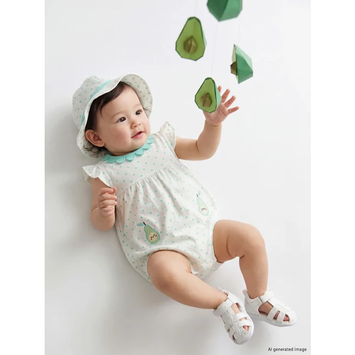 LCW baby Ekru Puantiyeli Nakışlı Kız Bebek Şapkalı Tulum Takımı