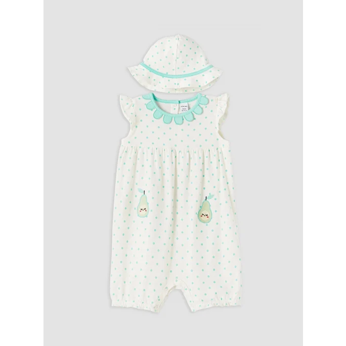 LCW baby Ekru Puantiyeli Nakışlı Kız Bebek Şapkalı Tulum Takımı