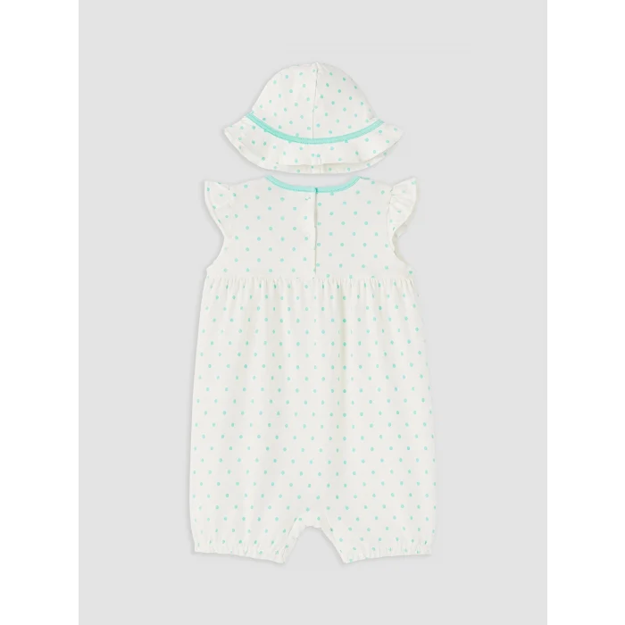 LCW baby Ekru Puantiyeli Nakışlı Kız Bebek Şapkalı Tulum Takımı