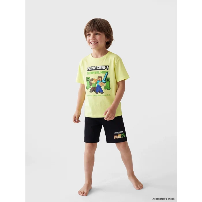 LCW Kids Yeşil Minecraft Baskılı Erkek Çocuk Şortlu Pijama Takımı