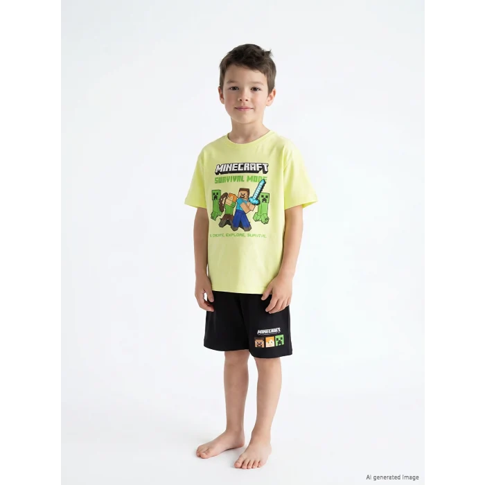 LCW Kids Yeşil Minecraft Baskılı Erkek Çocuk Şortlu Pijama Takımı