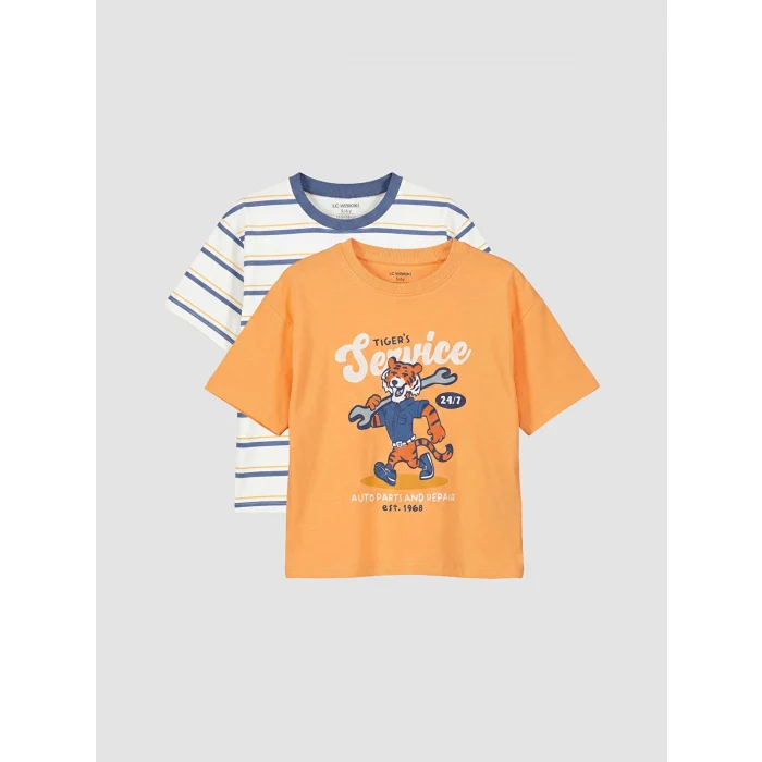 LCW Kids Turuncu Bisiklet Yaka Çizgili Erkek Çocuk 2li Tişört