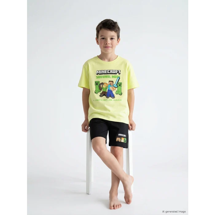 LCW Kids Yeşil Minecraft Baskılı Erkek Çocuk Şortlu Pijama Takımı