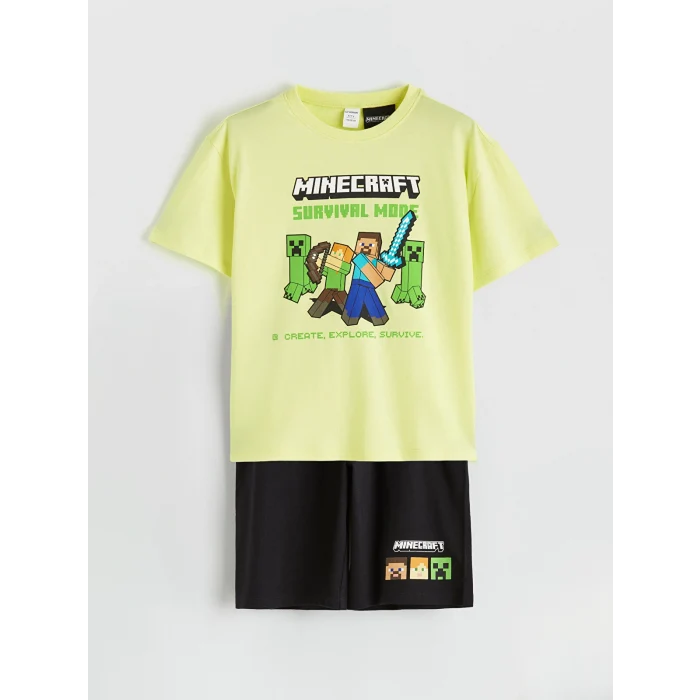 LCW Kids Yeşil Minecraft Baskılı Erkek Çocuk Şortlu Pijama Takımı