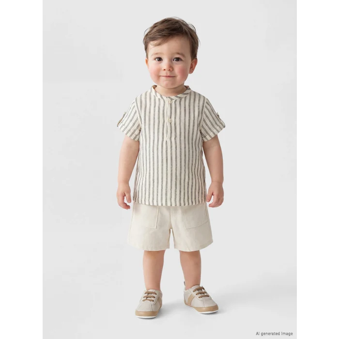 LCW baby Ekru Çizgili Erkek Bebek Müslin Gömlek ve Şort Takım