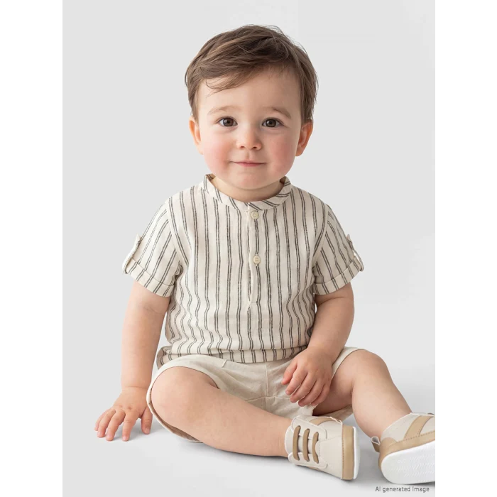 LCW baby Ekru Çizgili Erkek Bebek Müslin Gömlek ve Şort Takım