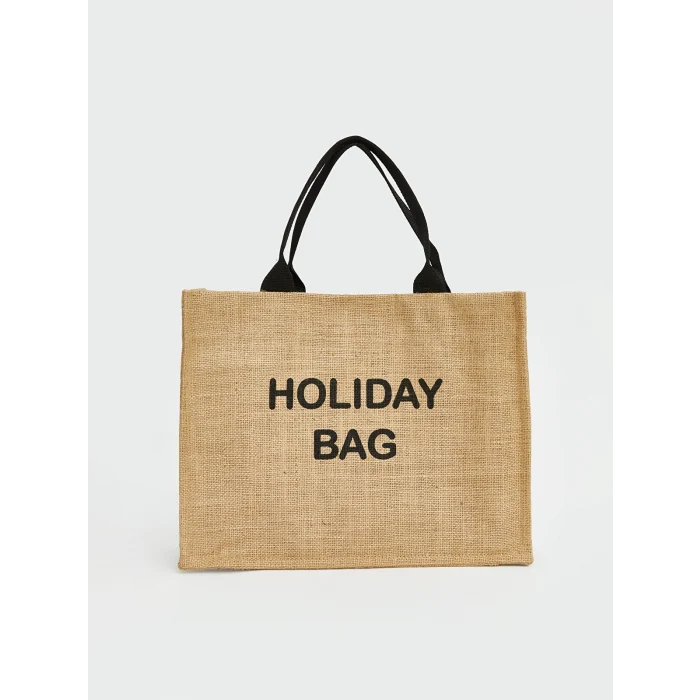 LCW ACCESSORIES Bej Yazı Nakışlı Kız Çocuk Hasır Plaj Çantası