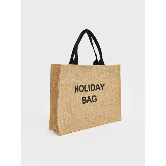 LCW ACCESSORIES Bej Yazı Nakışlı Kız Çocuk Hasır Plaj Çantası