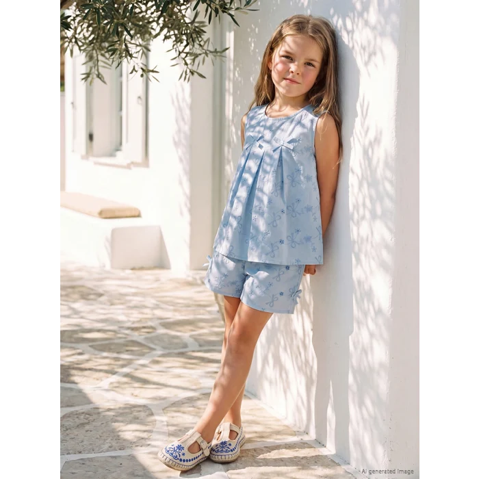 LCW Kids Mavi Fiyonk Nakışlı Kız Çocuk Şortlu Takım