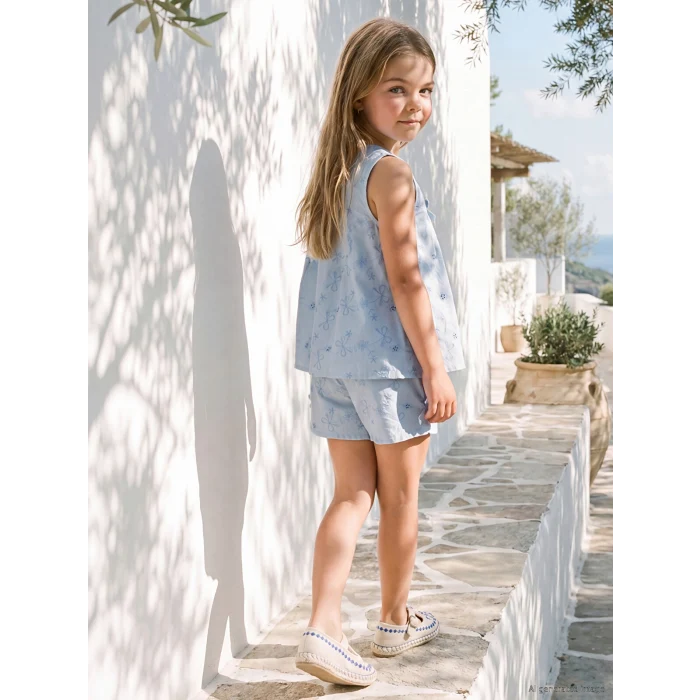 LCW Kids Mavi Fiyonk Nakışlı Kız Çocuk Şortlu Takım