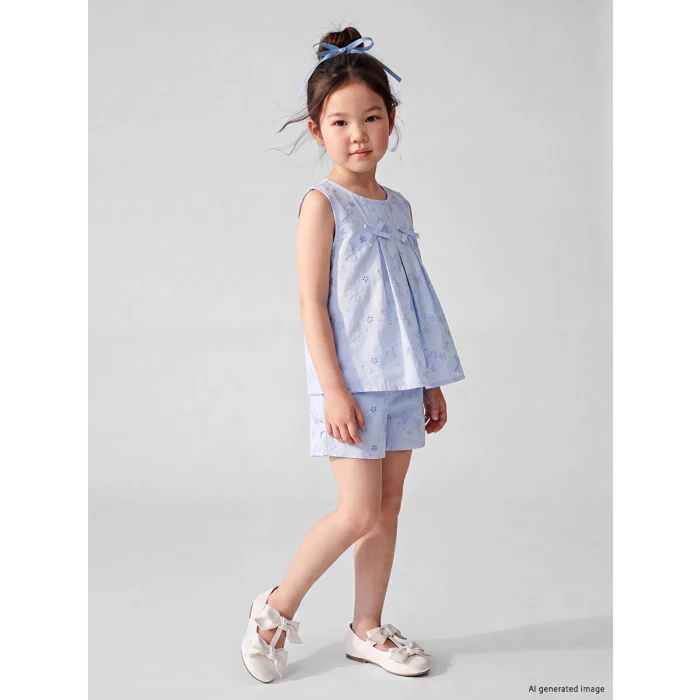 LCW Kids Mavi Fiyonk Nakışlı Kız Çocuk Şortlu Takım