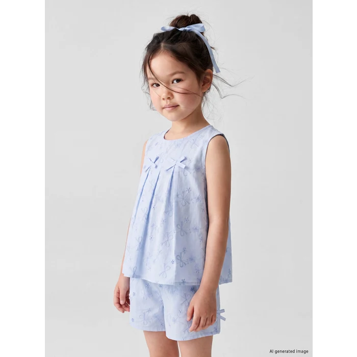 LCW Kids Mavi Fiyonk Nakışlı Kız Çocuk Şortlu Takım