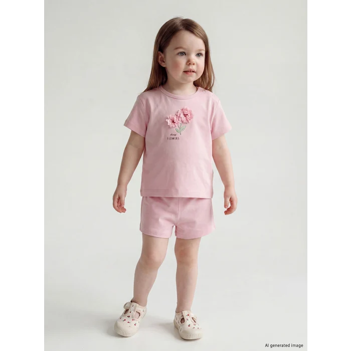 LCW baby Pembe Çiçekli Kız Bebek Şortlu Takım