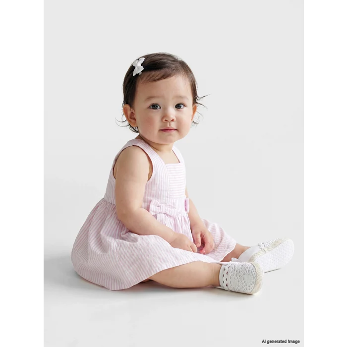 LCW baby Ekru Fiyonk Detaylı Kare Yaka Çizgili Kız Bebek Elbise
