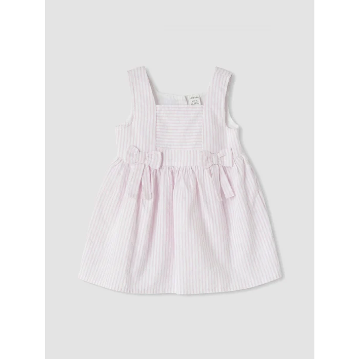 LCW baby Ekru Fiyonk Detaylı Kare Yaka Çizgili Kız Bebek Elbise