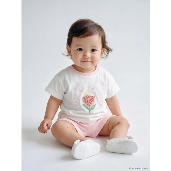 LCW baby Ekru Çiçek Aplike Kız Bebek Şortlu Takım